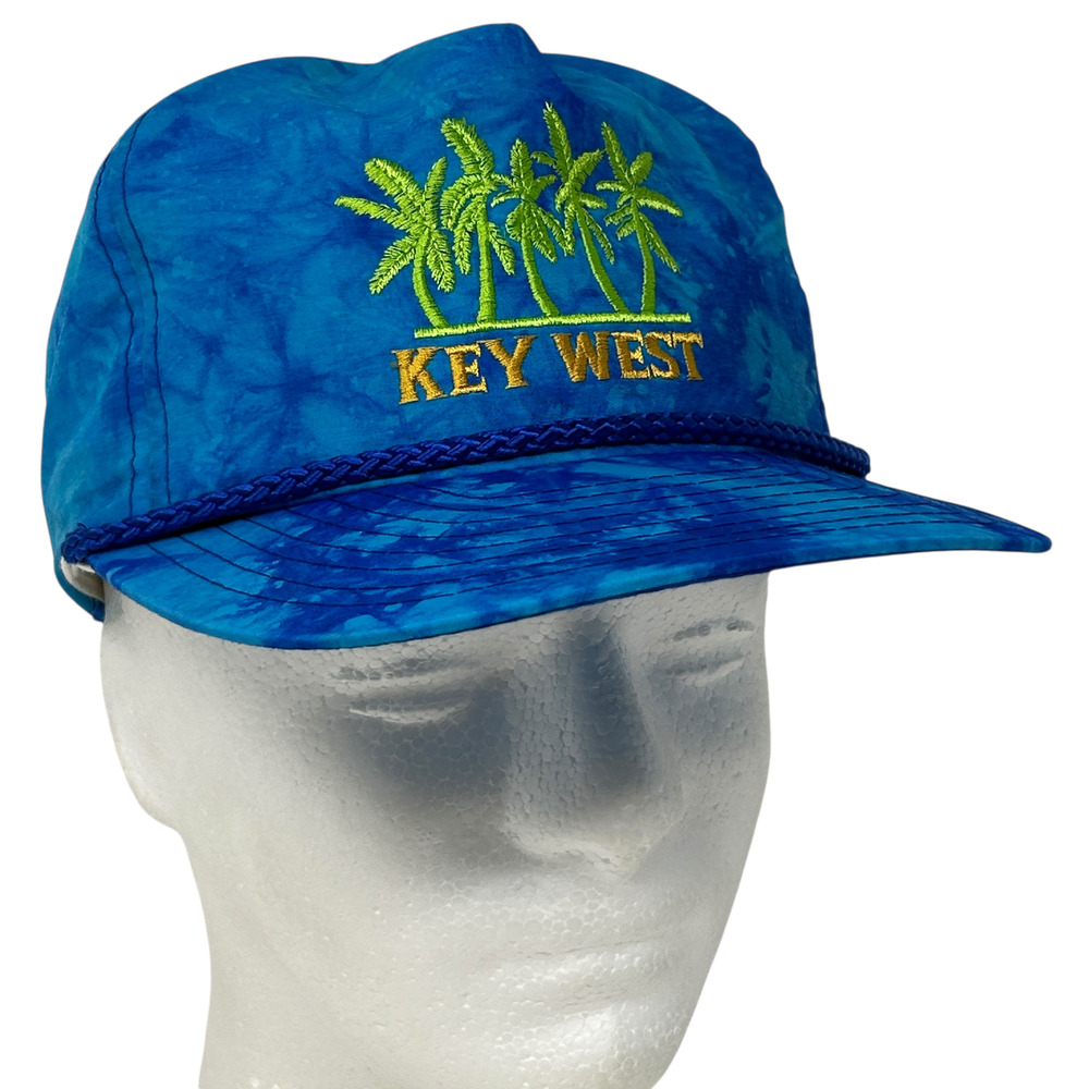 Vintage 90s Key West Florida Hat Cap Blue Tie Dye Travel Tourist Strapback Rope